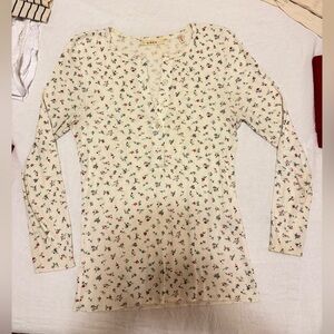 Doen Paula T, 100% Cotton, Monte-Parc Floral/Cream Henley-Long Sleeve Top, S
